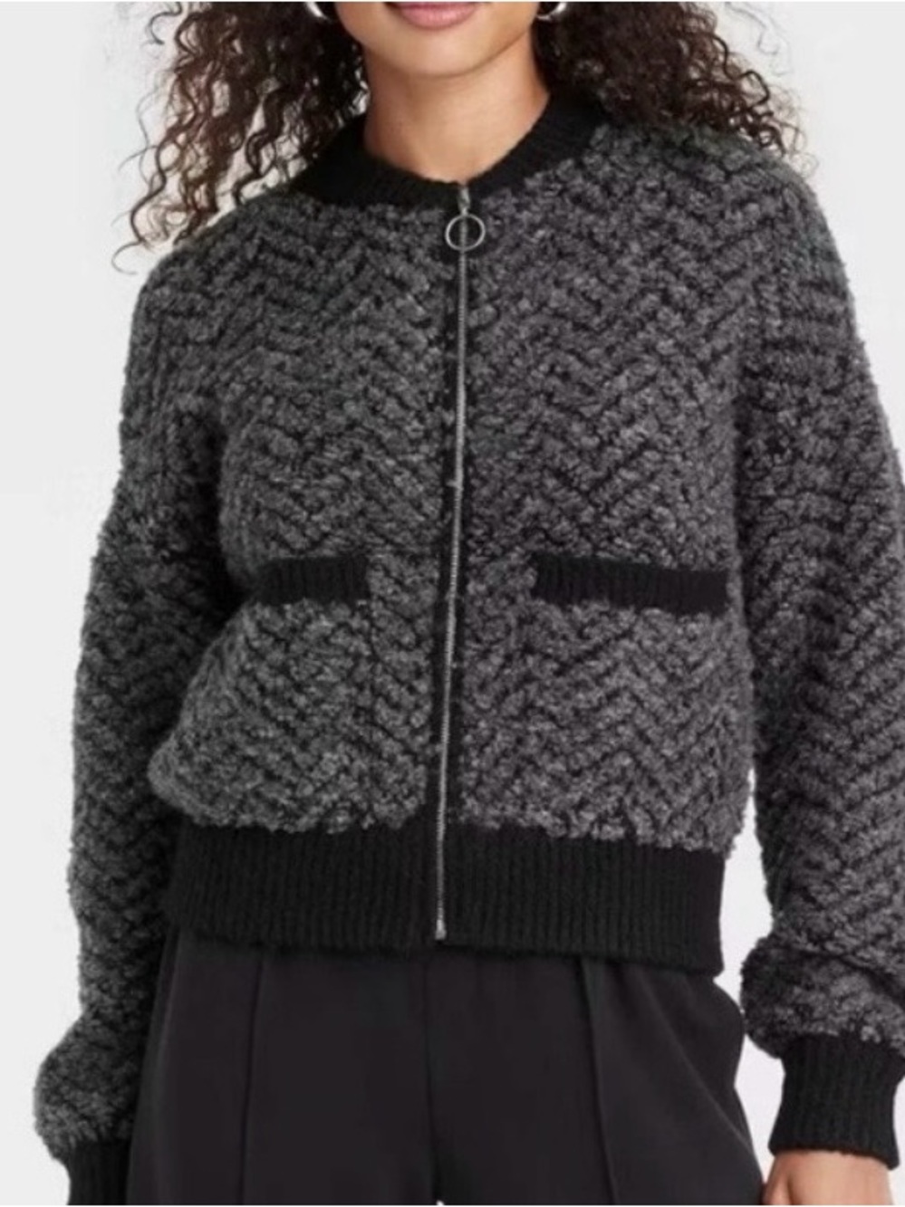 a new day Charcoal Textured Zip Bomber Jacket with Black Trim